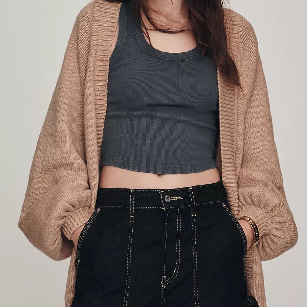 NWT Anthropologie Oversized Puff Sleeve Cardigan Heather‎ Camel XS
